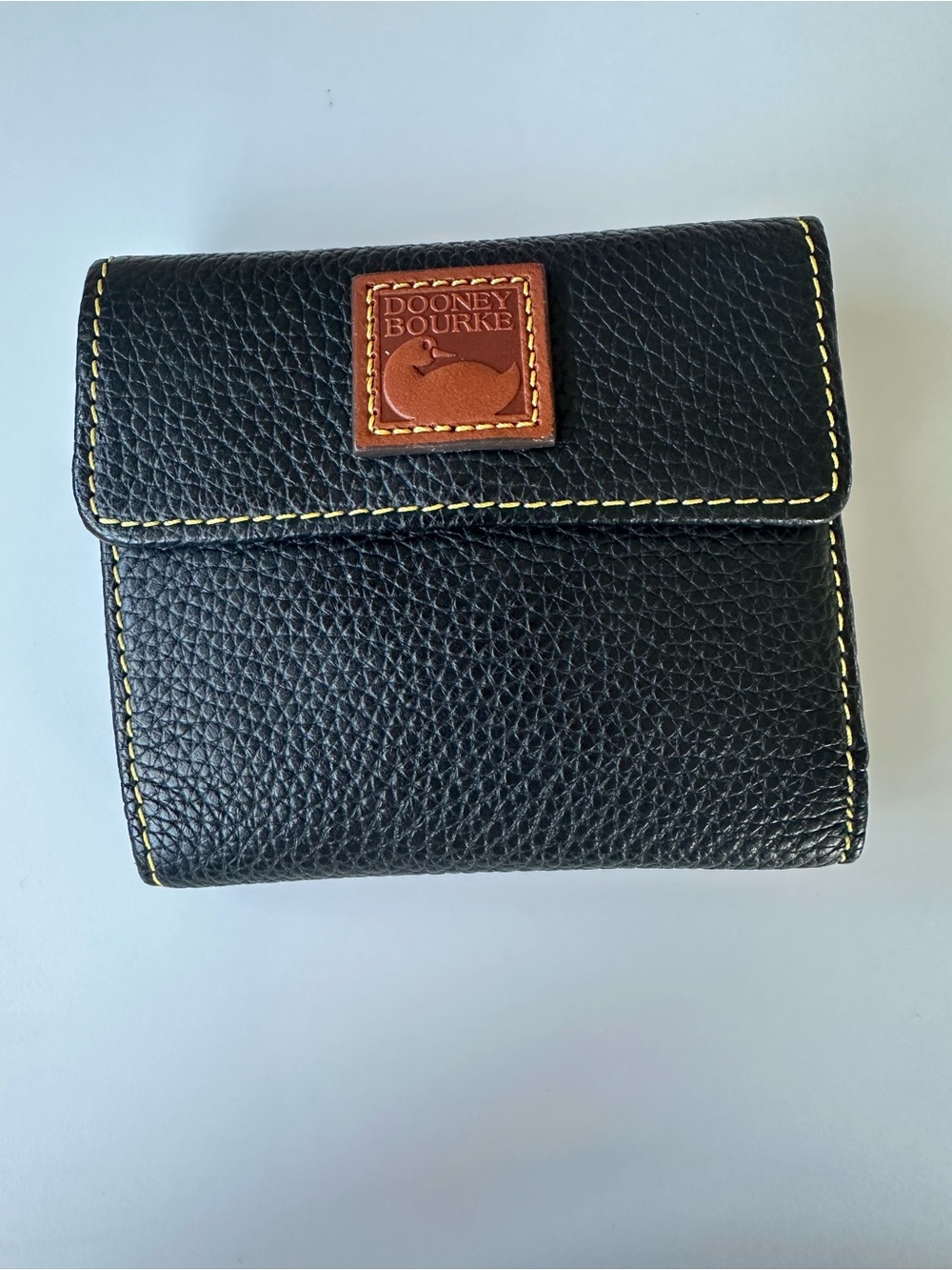 Dooney & Bourke Black Pebbled Leather Folded Card & Key Holder with Brown Logo